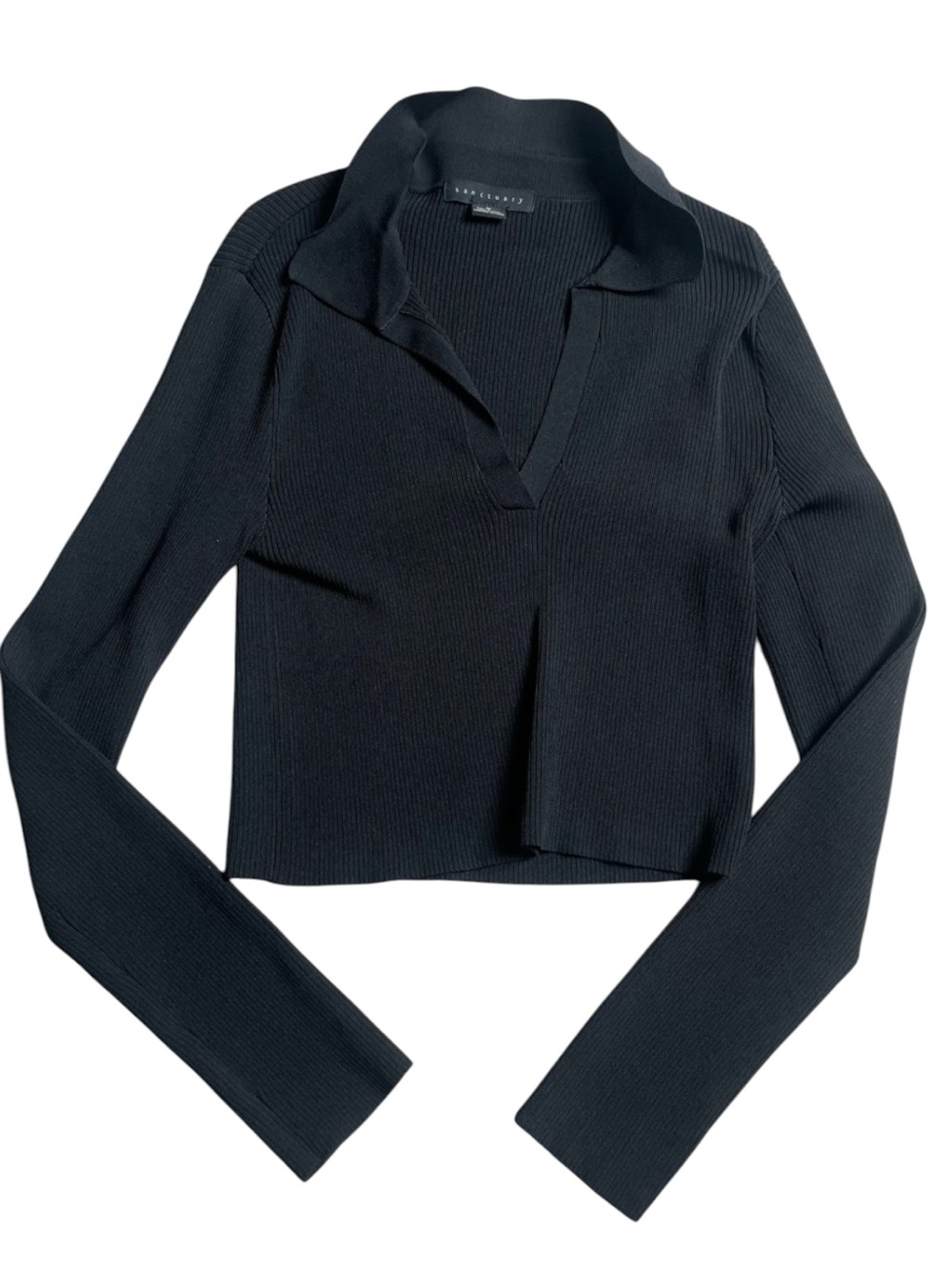 Sanctuary Black Ribbed Long-Sleeve Polo Crop Top